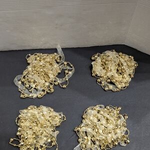 4 Strands 9ft Ea Plastic Christmas Garland String Beads Gold & ribbon 36ft Total